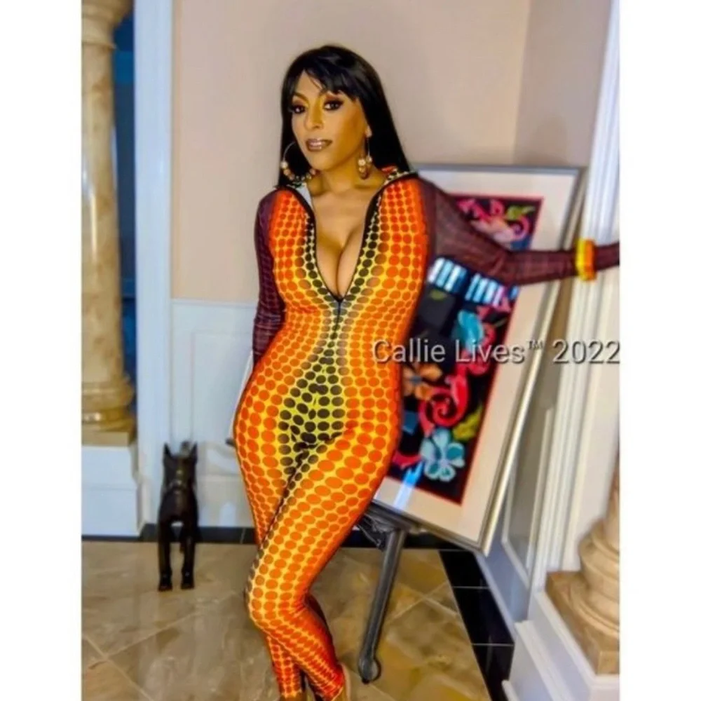 Polka-Dot Illusion Bodycon Zip Front Onesie Jumpsuit Catsuit - Picture 6 of 11